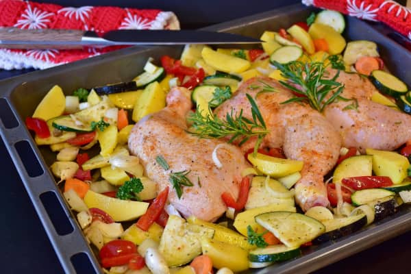 baked chicken and vegetables makes for a hearty cold weather meal