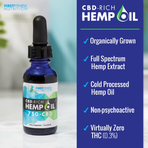 First Fitness CBD Oil bottle with product features listing