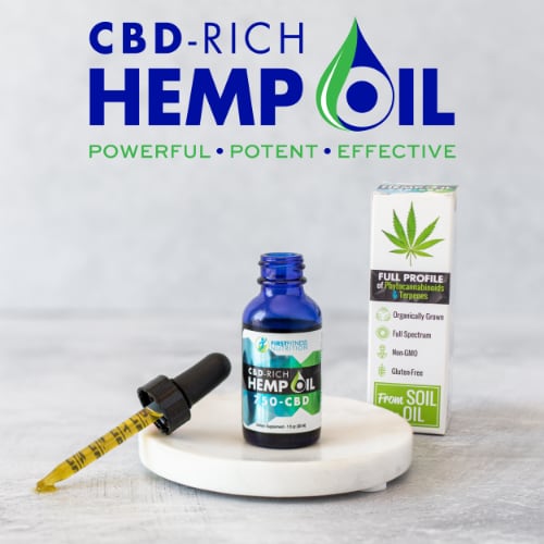 First Fitness Nutrition CBD Oil bottle shown with dropper and box