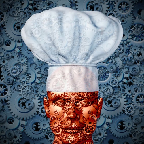 a chef in a hat with gears turning depicting thinking