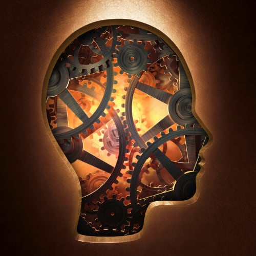 human head illustration where you can see wheels and gears turning inside depicting a thinking machine