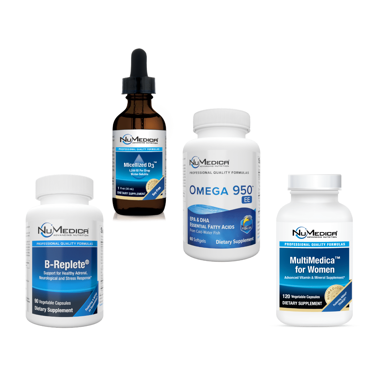 Core Nutrition 30 day wellness supplement bundle includes NuMedica MultiMedica, B-Replete,  Micellized D3 and Omega 950 EE