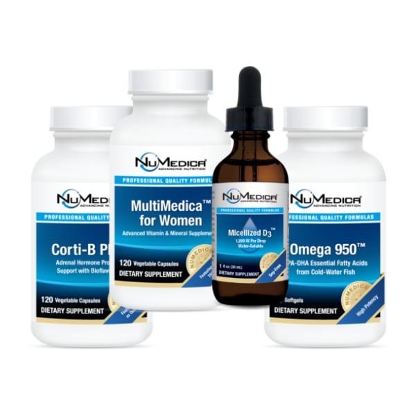Core Nutrition 30 day wellness supplement pack includes NuMedica MultiMedica, Corti-B Plex Micellized D3 and Omega 950