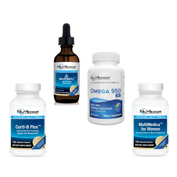 Core Nutrition 30 day wellness supplement pack includes NuMedica MultiMedica, Corti-B Plex Micellized D3 and Omega 950