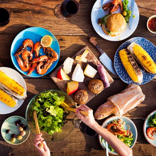 A table with a variety of everyday foods showing different eating patterns rather than a single defined diet