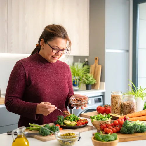 A person preparing a simple meal with whole foods in a home kitchen, reflecting everyday digestive health patterns.