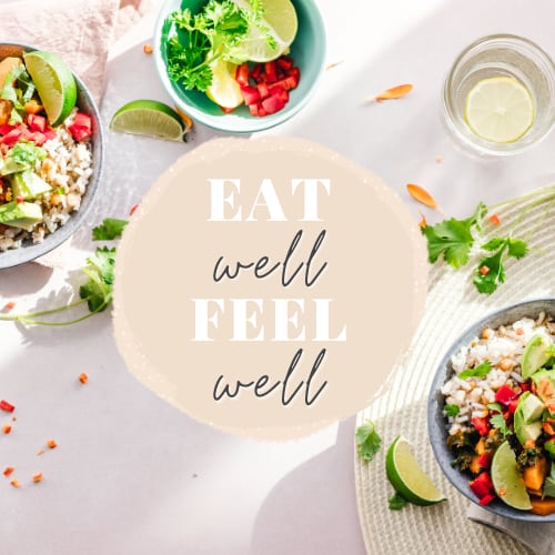 Eat Well Feel Well slogan illustrated on a backdrop of healthy foods