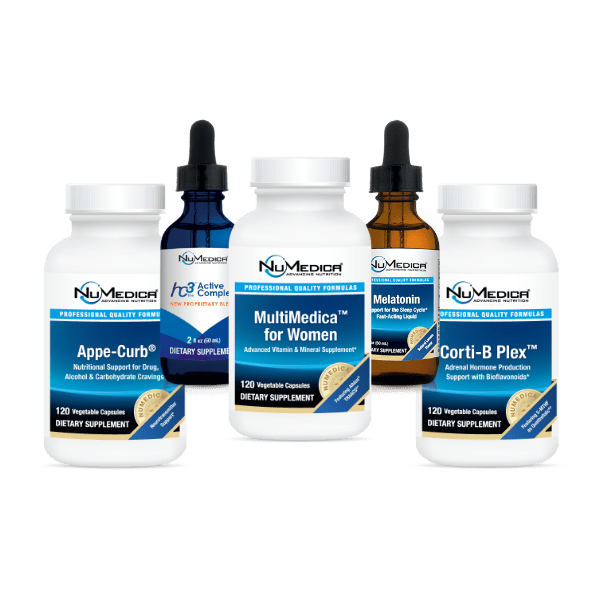 Eliminator Gold 30 day weight loss supplement pack includes NuMedica Appe-Curb, hc3 Active Complex, MultiMedica, Melatonin, Corti-B Plex