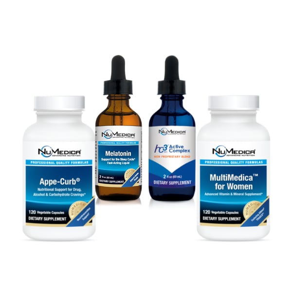 Eliminator Silver 30 day weight loss supplement pack includes NuMedica Appe-Curb, hc3 Active Complex, MultiMedica, and Melatonin Liquid