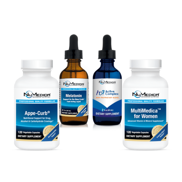Eliminator Silver 30 day weight loss supplement pack includes NuMedica Appe-Curb, hc3 Active Complex, MultiMedica, and Melatonin Liquid