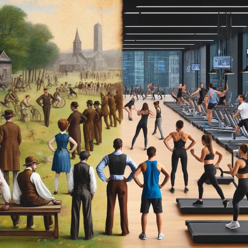 depicts the evolution of exercise and physical activity for adults over the past 100 years, with a split-screen showing the early 1900s on the left and modern-day on the right