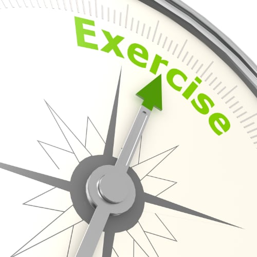 compass with the needle pointing toward the word exercise