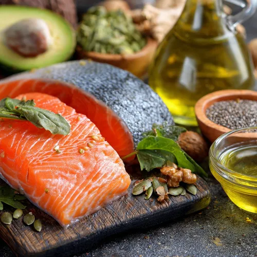 person taking capsules alongside a meal that includes healthy fats, showing how supplements are used with food.