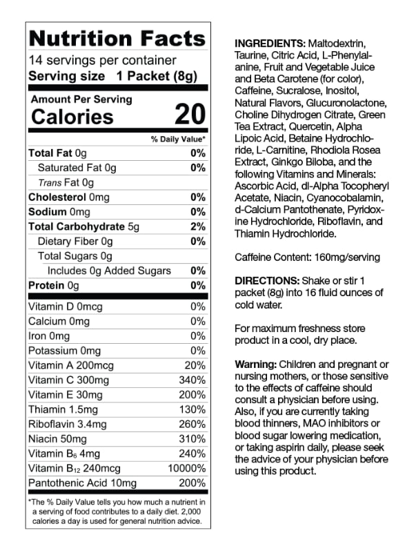 First Fitness Nutrition SPN Energy Drink - Nutrition Facts