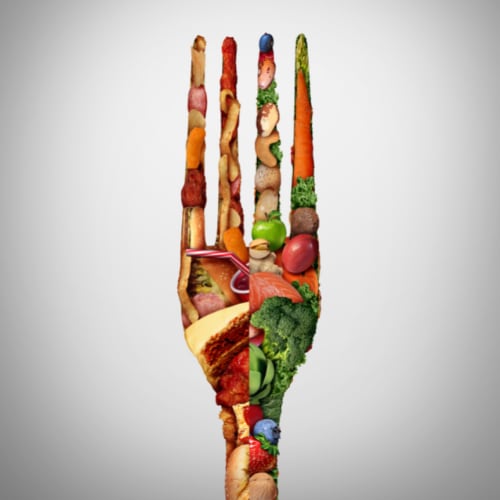 food decisions on a fork depicting unhealthy and healthy choices 
