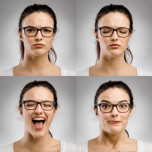 woman showing four facial expressions: angry, stressed, laughing, silly