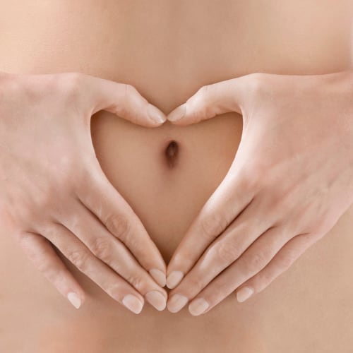 a depiction of the human gut illustrated in the shape of a heart over the abdomen