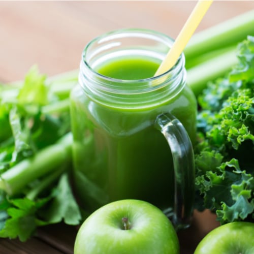  green juice beverage with apple, celery, cucumber, kale, ginger and lemon