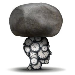 head with clocks and rock depicting stress from heavy load and not enough time