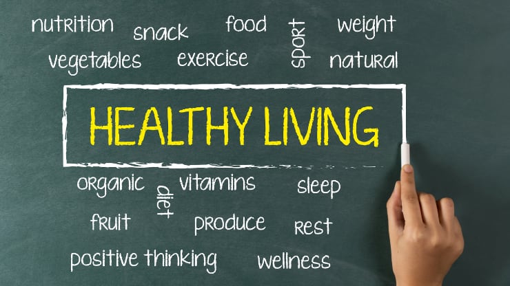 healthy living chalkboard depicting healthy behaviors including nutrition, exercise, rest, positive thing and others