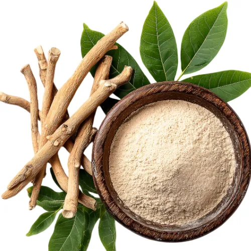 Dried herbal roots and leaves with plant powder in a wooden bowl.