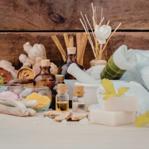Herbal supplements and teas displayed together with labels using broad wellness language such as support and balance.