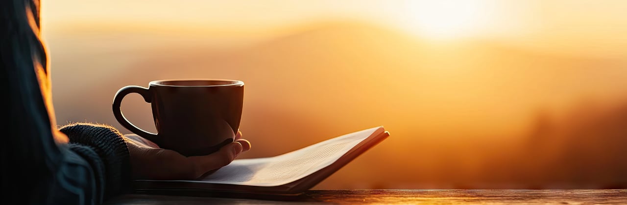 Person seated outdoors at sunrise, holding a cup of coffee and reading.