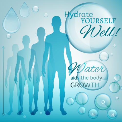 illustration of people and water that says hydrate yourself well