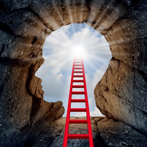 depiction of a ladder stepping up and through a person's head to depict what we allow to come into our mind that influences us