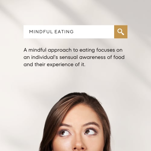 a search bar with the term mindful eating featuring a woman with an inquisitive gaze