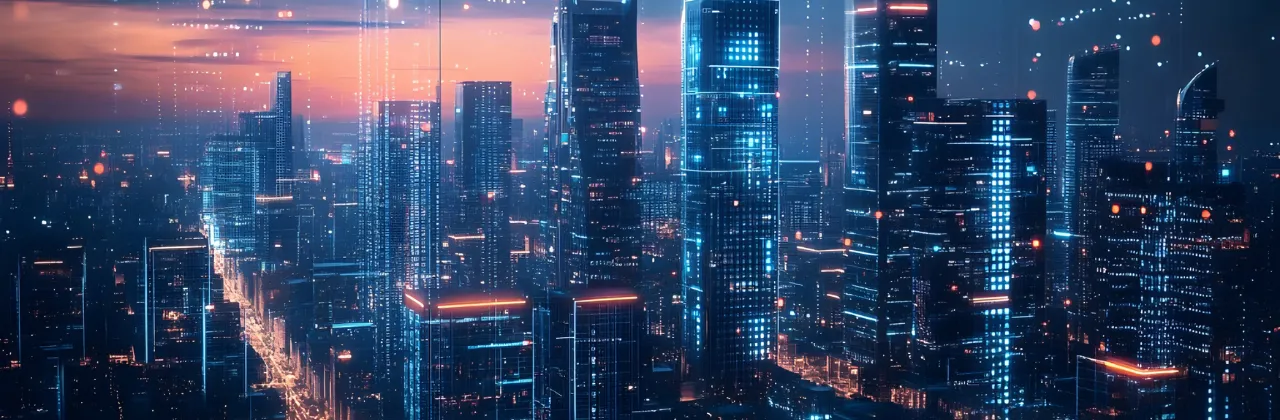 Modern city skyline with buildings, streets, and urban activity