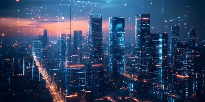Modern city skyline with buildings, streets, and urban activity