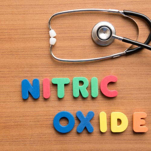 alphabet letters spelling out nitric oxide with a medical stethescope