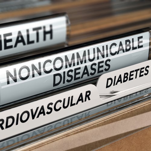 filing cabinet folders depicting Non-Communicable Diseases including cardiovascualr and diabetes