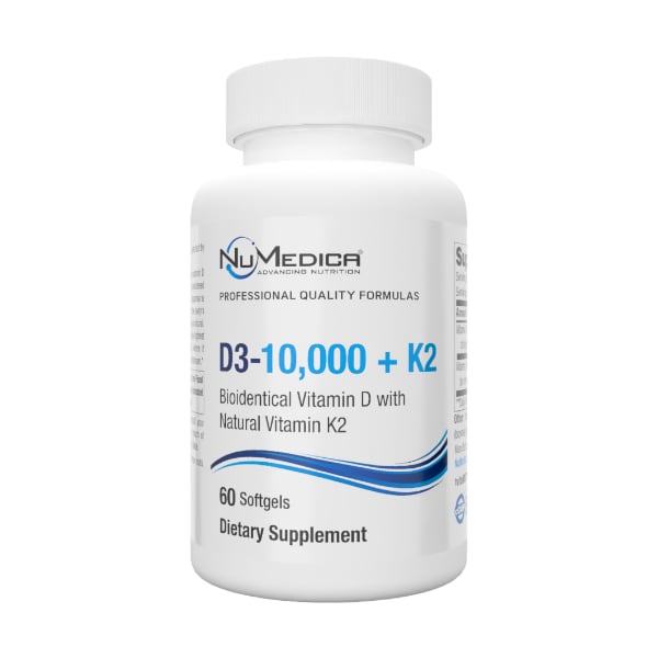 NuMedica D3-10,000 + K2 60 softgel professional-grade dietary supplement.