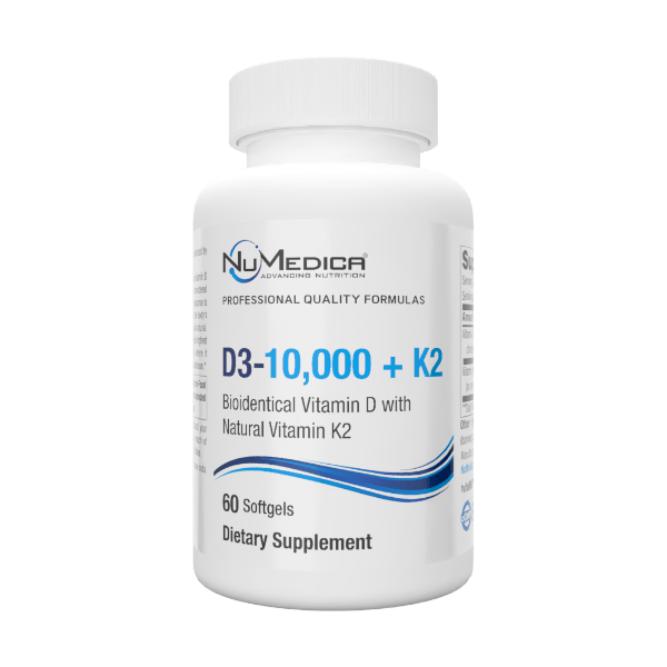 NuMedica D3-10,000 + K2 60 softgel professional-grade dietary supplement.