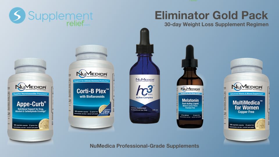 Gold Eliminator NuMedica Supplement Pack - 30 day includes Appe-Curb, hc3 Trim Active Complex, MultiMedica, Melatonin, and Corti-B Plex
