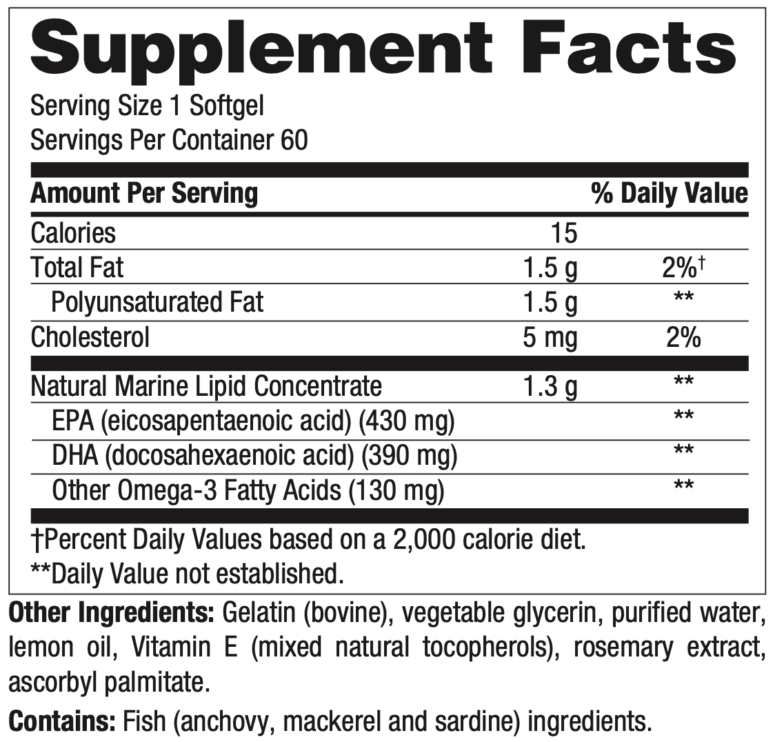 NuMedica Omega 950 TG (triglyceride ) 60 softgel professional-grade dietary supplement facts label.