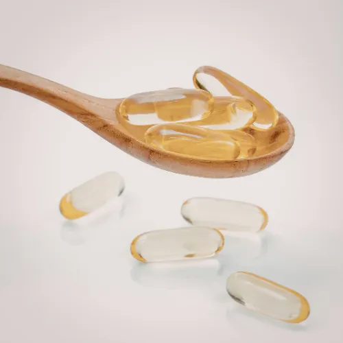 Omega-3 fatty acid supplements in softgel capsule form placed on a wooden spoon.