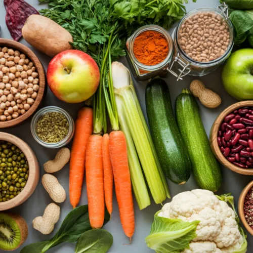 A variety of fiber-rich foods including vegetables, grains, and legumes arranged on a kitchen table.