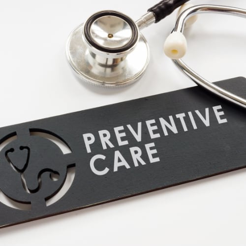 the words preventative health care displayed with a medical stethescope