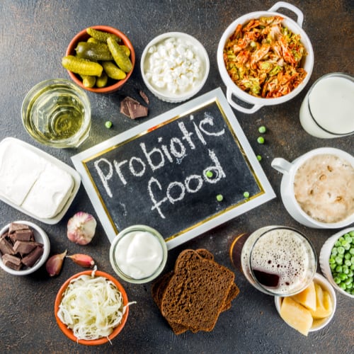 an assortment of healthy foods containing probiotics