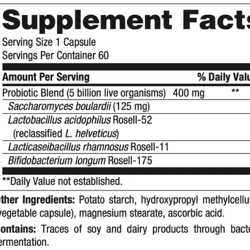 A close-up of a probiotic supplement label showing strain names and CFU information on a bottle.