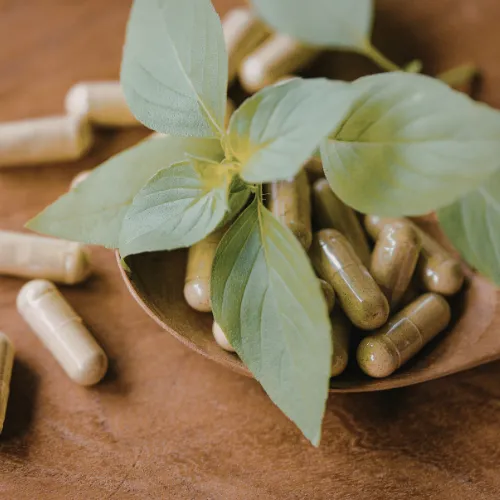 Clusters of supplement capsules arranged to represent different probiotic strain groups.