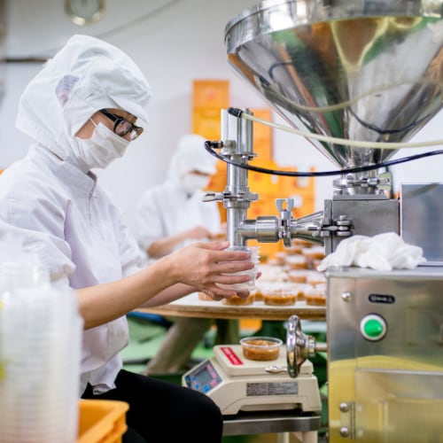 lab technician working on donuts in a processed food factory