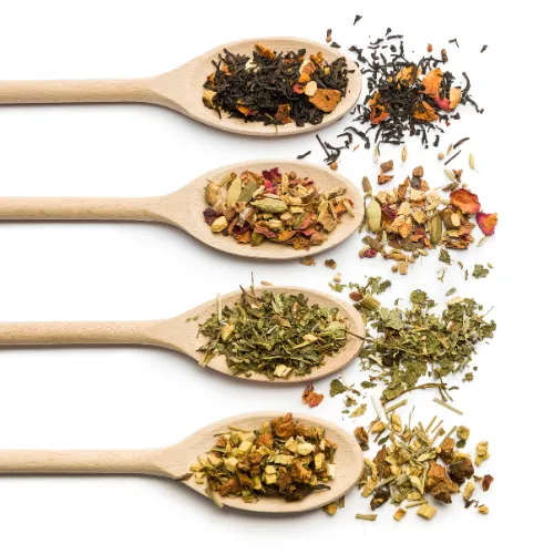 Single herbs and mixed herbal blends arranged separately to compare different supplement formulations.