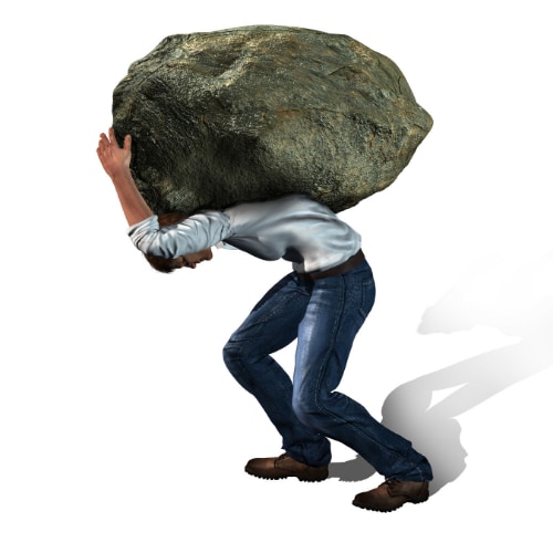 an obviously stressed out man carry a large boulder on his shoulders