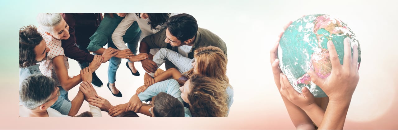 a group of people in a circle locking arms next to a set of hands holding a globe