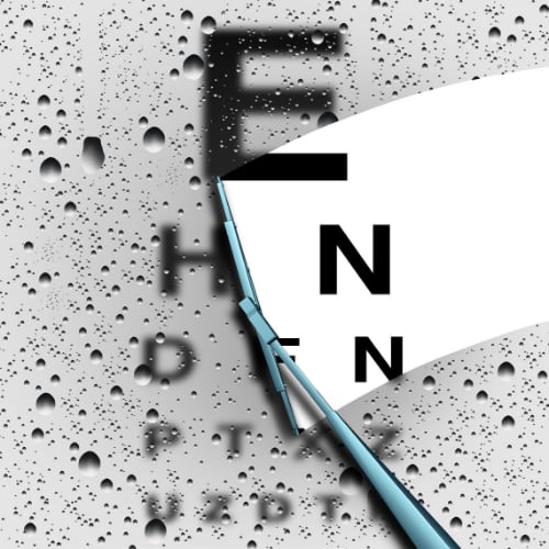 vision eye chart overlaid on a car windshield with wiper blades moving