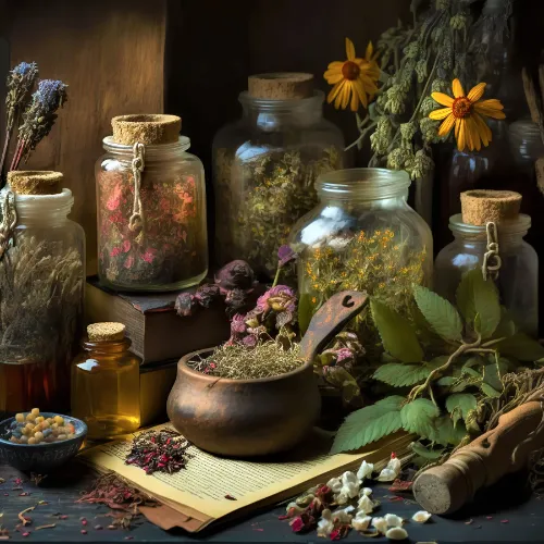 Whole dried herbs and standardized herbal extract products displayed side by side for comparison.